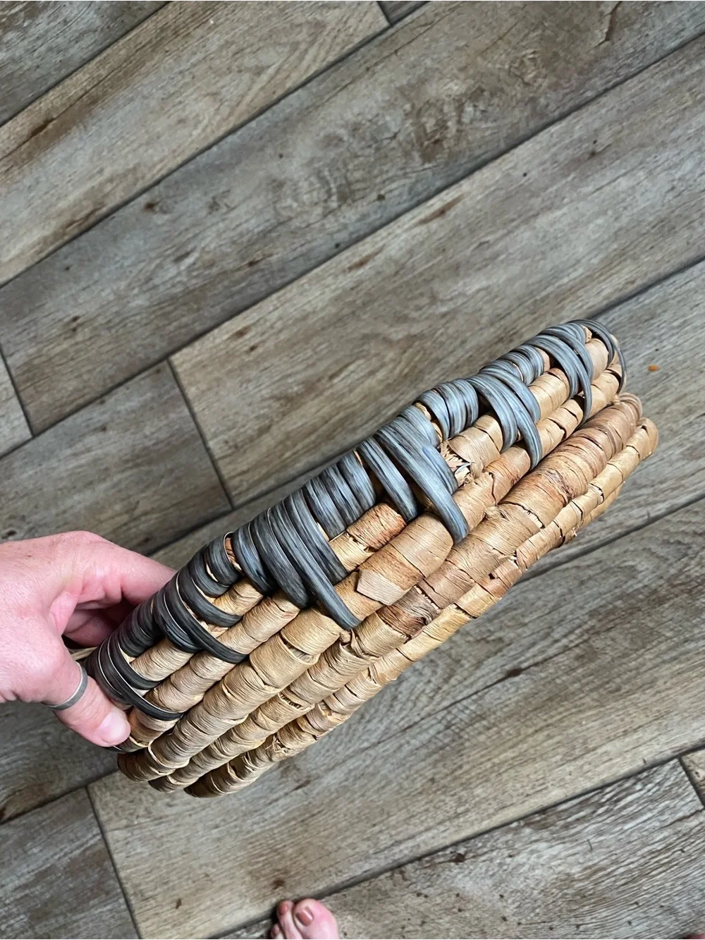 Vintage Handwoven Coiled Basket Tray with Handles – 14” Boho Decor Centerpiece